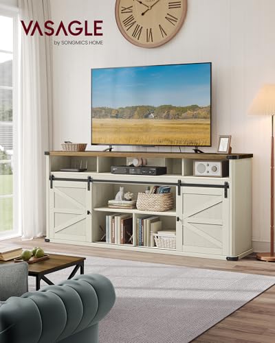 Elegant White & Honey Brown TV Stand with Sliding Doors for Up to 75" TVs