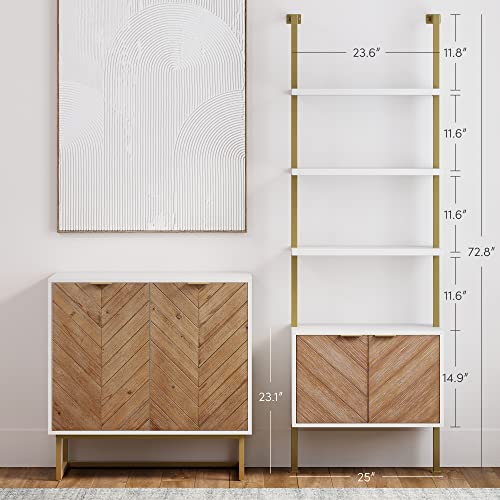 Modern White Bookcase with Cabinet & Herringbone Pattern for Living Room & Office