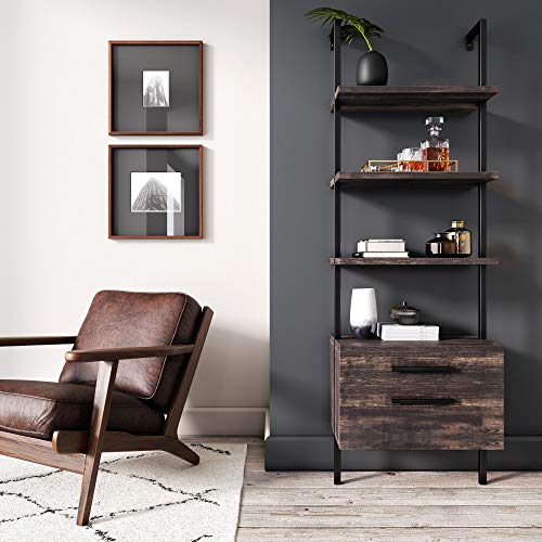 Nathan James Theo Industrial Bookshelf, 3-Shelf, Wood Drawers, Nutmeg/Black