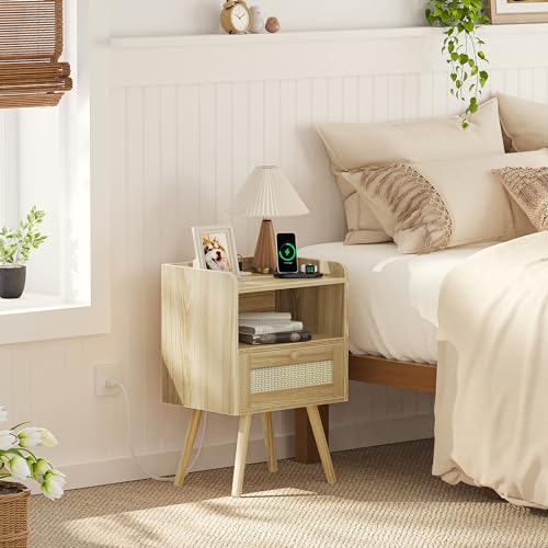 PE Rattan Nightstands with Charging & Natural Drawer for Bedroom